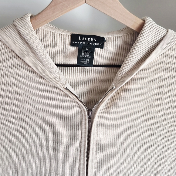 Lauren Ralph Lauren: Silk Blend Knit Zip Up Hoodie Sweater Beige: Size L - Picture 4 of 5